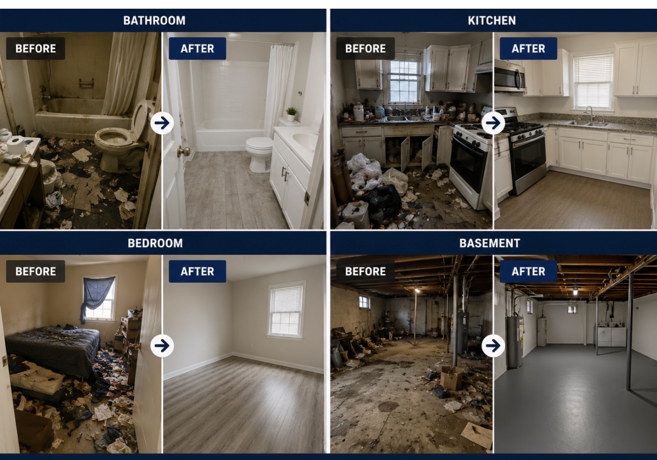 Before and after property cleanouts: bathroom, kitchen, bedroom, and basement